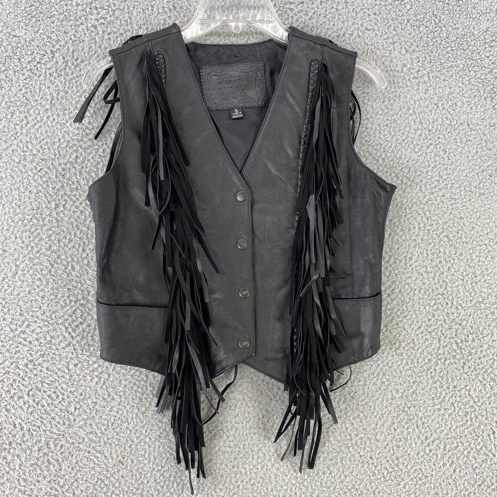 First Leather Vest Womens S Fringe Western Rodeo Biker Motorcycle Braided Detail